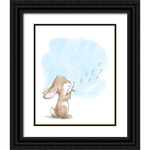 Little Bunny Blowing Dandelions Black Ornate Wood Framed Art Print with Double Matting by Circle Kids