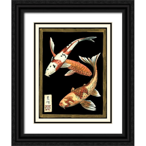 Koi Fish on Black I Black Ornate Wood Framed Art Print with Double Matting by Zarris, Chariklia