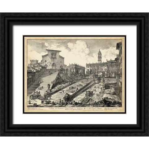 Veduta del Romano Campidoglio Black Ornate Wood Framed Art Print with Double Matting by Piranesi