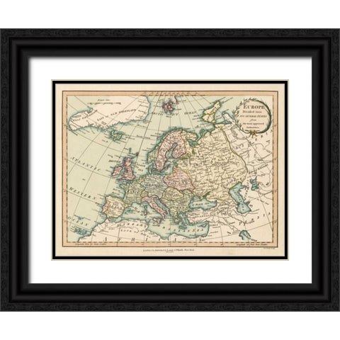 Historic Map of Europe Black Ornate Wood Framed Art Print with Double Matting by Laurie and White