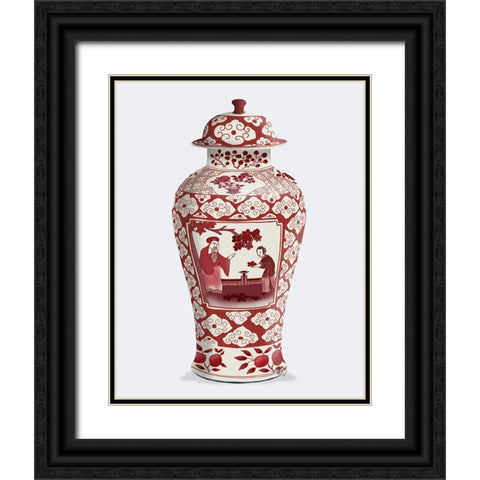 Chinoiserie Cherry Blossom Picker, Red Black Ornate Wood Framed Art Print with Double Matting by Fab Funky
