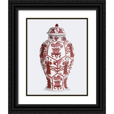 Chinoiserie Vase Leaf Picker Red Black Ornate Wood Framed Art Print with Double Matting by Fab Funky
