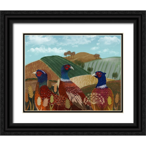 Pheasant Trio in Field Black Ornate Wood Framed Art Print with Double Matting by Fab Funky