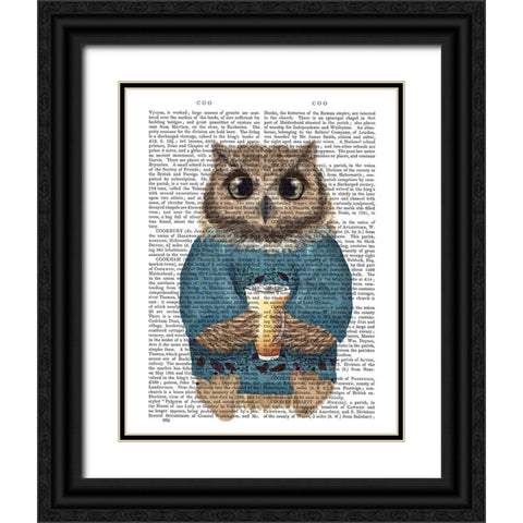 Latte Owl in Sweater Black Ornate Wood Framed Art Print with Double Matting by Fab Funky