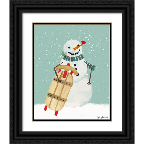 Snowman and Sled Black Ornate Wood Framed Art Print with Double Matting by Doucette, Katie