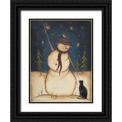 Snowman with Black Cat Black Ornate Wood Framed Art Print with Double Matting by Lewis, Kim