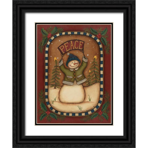 Peace Snowman Black Ornate Wood Framed Art Print with Double Matting by Lewis, Kim