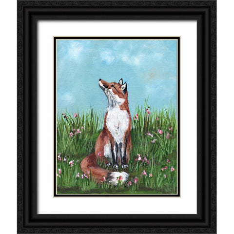 Fox in Flowers Black Ornate Wood Framed Art Print with Double Matting by Strong, Molly Susan