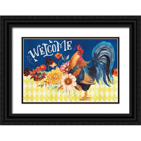 Welcome Rooster Black Ornate Wood Framed Art Print with Double Matting by ND Art