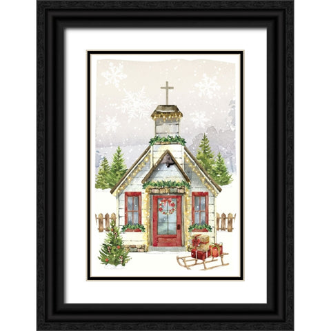 Country Christmas Church Black Ornate Wood Framed Art Print with Double Matting by ND Art