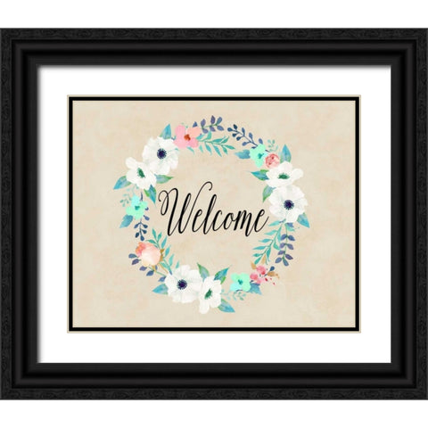 Welcome Teal and Pink Black Ornate Wood Framed Art Print with Double Matting by Moss, Tara
