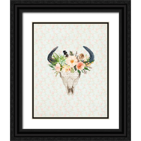 Bull Skull on Floral Black Ornate Wood Framed Art Print with Double Matting by Moss, Tara