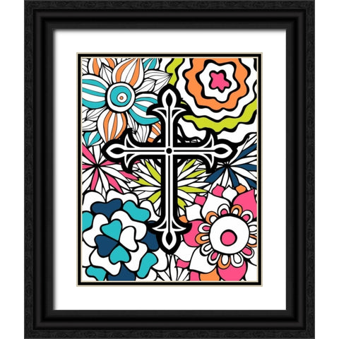 Cross Flowers Colors Black Ornate Wood Framed Art Print with Double Matting by Robinson, Tamara