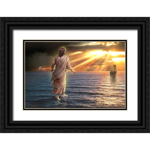 Jesus Walking on Water II Black Ornate Wood Framed Art Print with Double Matting by Yellow Cafe