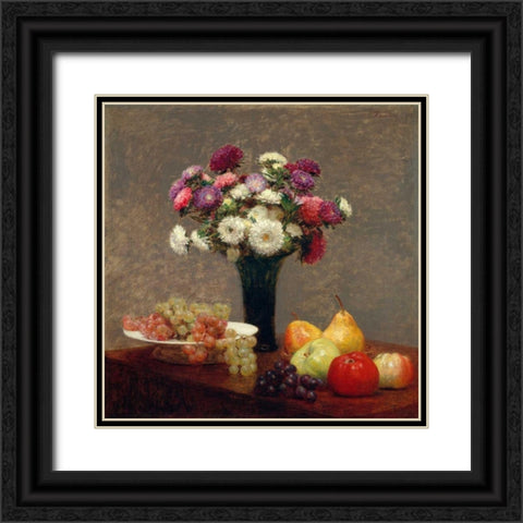Asters and Fruit on a Table Black Ornate Wood Framed Art Print with Double Matting by Fantin-Latour, Henri