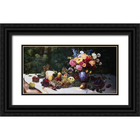 Vase of Flowers and Fruit on a Draped Table Black Ornate Wood Framed Art Print with Double Matting by Burghardt, Adam