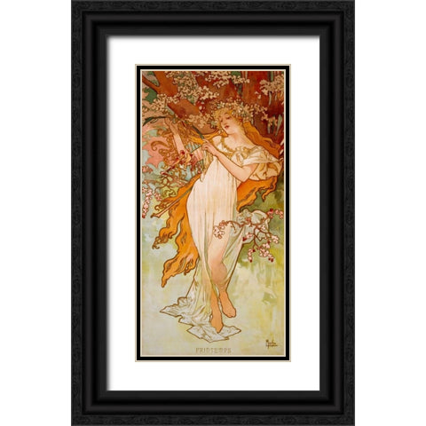 Printemps Black Ornate Wood Framed Art Print with Double Matting by Mucha, Alphonse