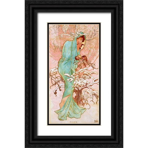 Hiver Black Ornate Wood Framed Art Print with Double Matting by Mucha, Alphonse