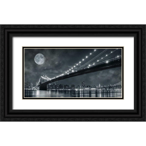 Brooklyn Bridge at Night - New York Black Ornate Wood Framed Art Print with Double Matting by Lacis, Janis