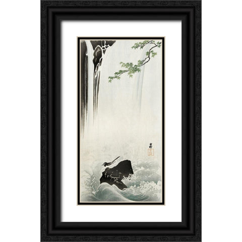 Japanese Wagtail at Waterfall Black Ornate Wood Framed Art Print with Double Matting by Koson, Ohara