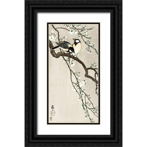 Tits on Cherry Branch Black Ornate Wood Framed Art Print with Double Matting by Koson, Ohara