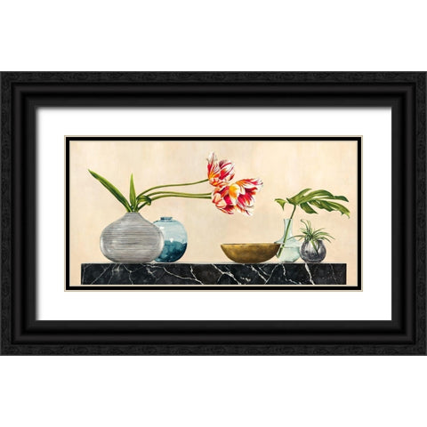 Floral Setting on Black Marble Black Ornate Wood Framed Art Print with Double Matting by Thomlinson, Jenny