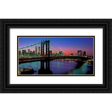 Manhattan Bridge and Skyline Black Ornate Wood Framed Art Print with Double Matting by Berenholtz, Richard