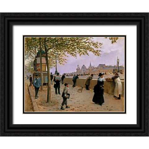 On the Banks of the River Seine Black Ornate Wood Framed Art Print with Double Matting by Beraud, Jean