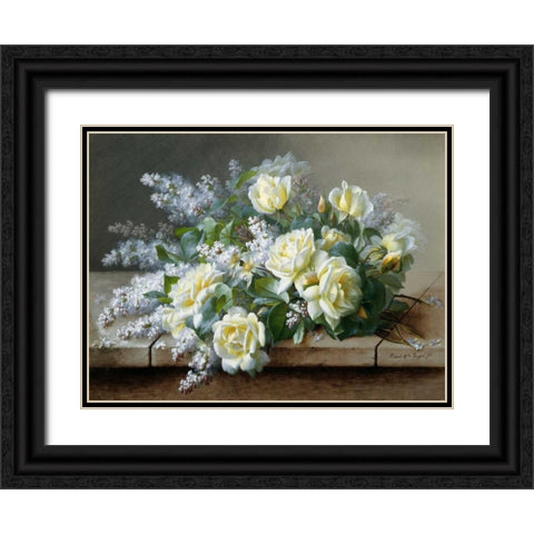 A Still Life with Roses Black Ornate Wood Framed Art Print with Double Matting by de Longpre, Raoul