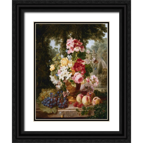 A Vase of Summer Flowers and Fruit Black Ornate Wood Framed Art Print with Double Matting by Wainwright, William John