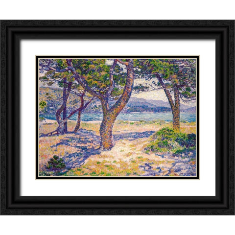 The Mediterranean at Le Lavandou Black Ornate Wood Framed Art Print with Double Matting by Van Rysselberghe, Theo