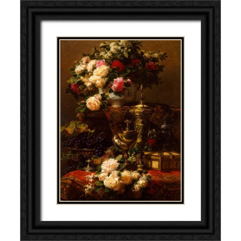 Flowers and fruit Black Ornate Wood Framed Art Print with Double Matting by Robie, Jean-Baptiste