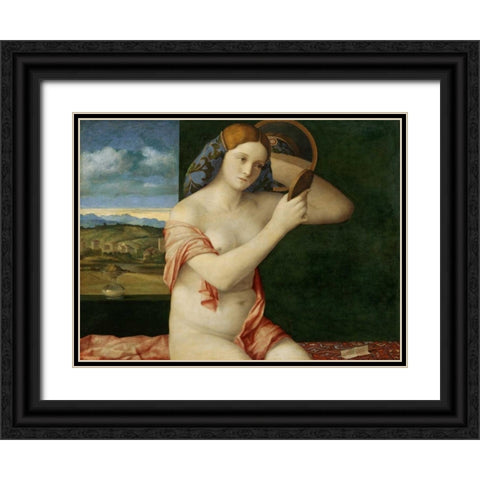 Giovane donna allo specchio Black Ornate Wood Framed Art Print with Double Matting by Bellini, Giovanni
