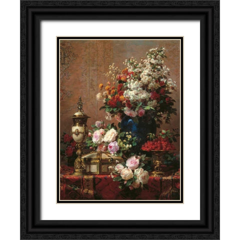 Composition with Roses Black Ornate Wood Framed Art Print with Double Matting by Robie, Jean-Baptiste