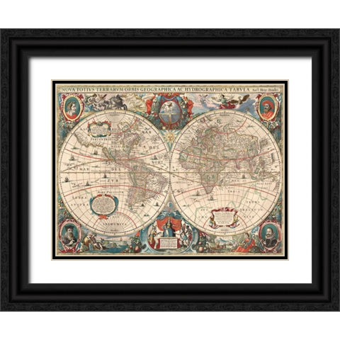 Nova totius Terrarum Orbis geographica ac hydrographica tabula Black Ornate Wood Framed Art Print with Double Matting by Hondius, Hendrik