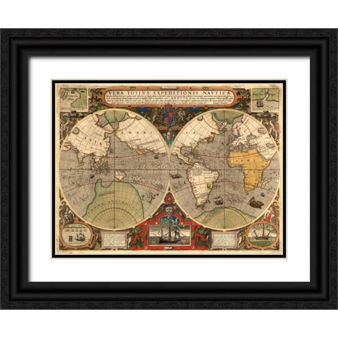 Vera Totius Expeditionis Nauticae 1595 Black Ornate Wood Framed Art Print with Double Matting by Hondius, Hendrik