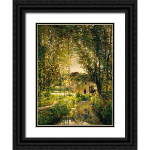 Landscape with a Sunlit Stream  Black Ornate Wood Framed Art Print with Double Matting by Daubigny, Charles-Francois