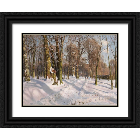 Snowy forest road in sunlight Black Ornate Wood Framed Art Print with Double Matting by Monsted, Peder