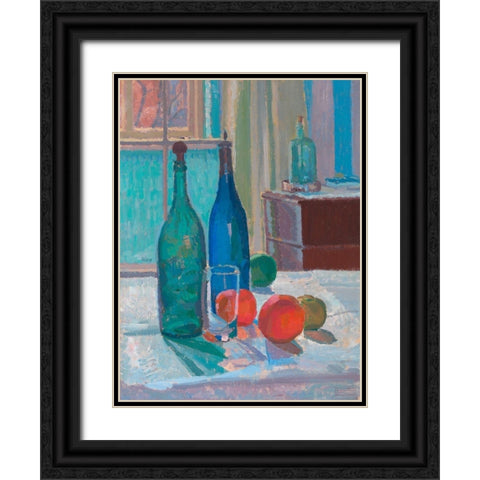 Blue and Green Bottles and Oranges Black Ornate Wood Framed Art Print with Double Matting by Gore, Spencer Frederick