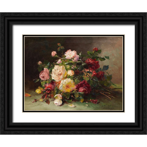 Bouquet de roses Black Ornate Wood Framed Art Print with Double Matting by Cauchois, Eugene Henri