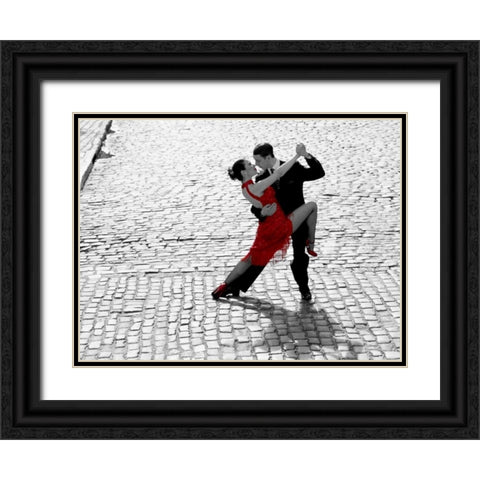 Couple dancing Tango on cobblestone road Black Ornate Wood Framed Art Print with Double Matting by Anonymous