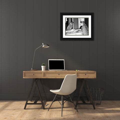 Cheetah looking in mirror Black Ornate Wood Framed Art Print with Double Matting by Rian, Emma