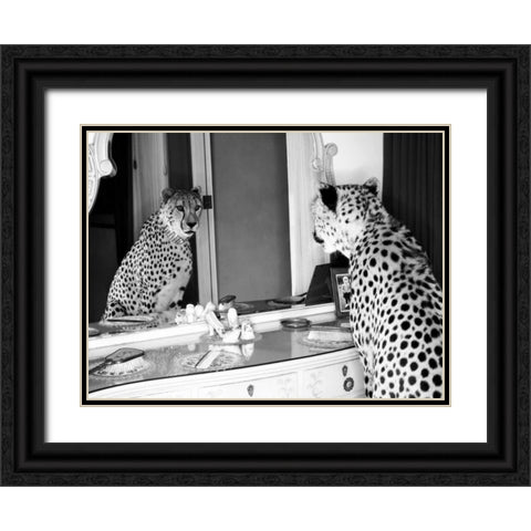 Cheetah looking in mirror Black Ornate Wood Framed Art Print with Double Matting by Rian, Emma