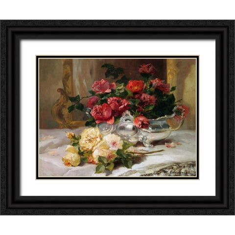 Roses on a Dressing Table Black Ornate Wood Framed Art Print with Double Matting by Cauchois, Eugene Henri