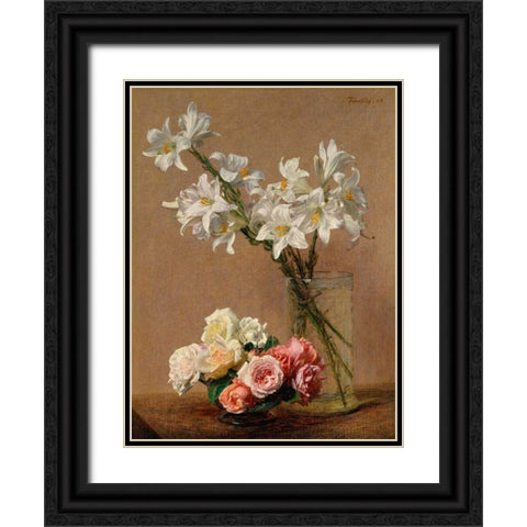 Roses and Lilies Black Ornate Wood Framed Art Print with Double Matting by Fantin-Latour, Henri