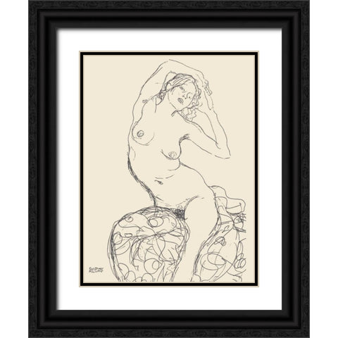 Seated Nude Woman Black Ornate Wood Framed Art Print with Double Matting by Klimt, Gustav