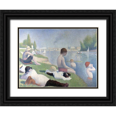 Bathers at Asnieres Black Ornate Wood Framed Art Print with Double Matting by Seurat, Georges