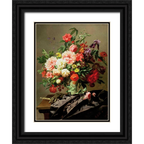 Peonies Poppies and Roses Black Ornate Wood Framed Art Print with Double Matting by Robbe, Henri