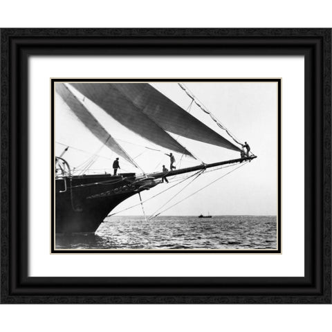 Ship Crewmen Standing on the Bowsprit 1923 Black Ornate Wood Framed Art Print with Double Matting by Levick, Edwin