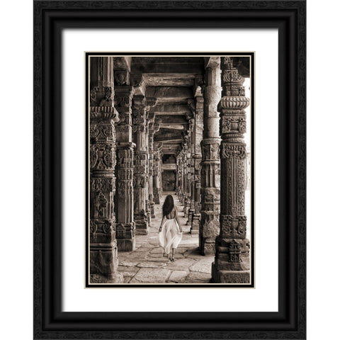 At the Temple-India (BW) Black Ornate Wood Framed Art Print with Double Matting by Moreau, Marc
